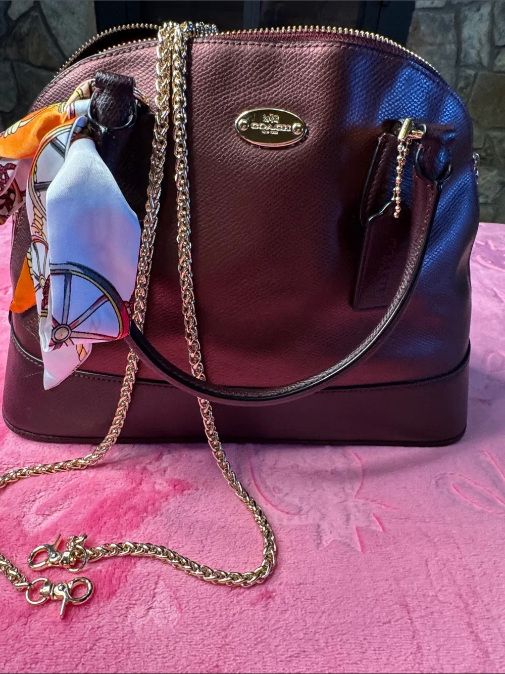 Coach Metallic Purple Pebbled Dome Satchel Gold Chain Strap Excellent
